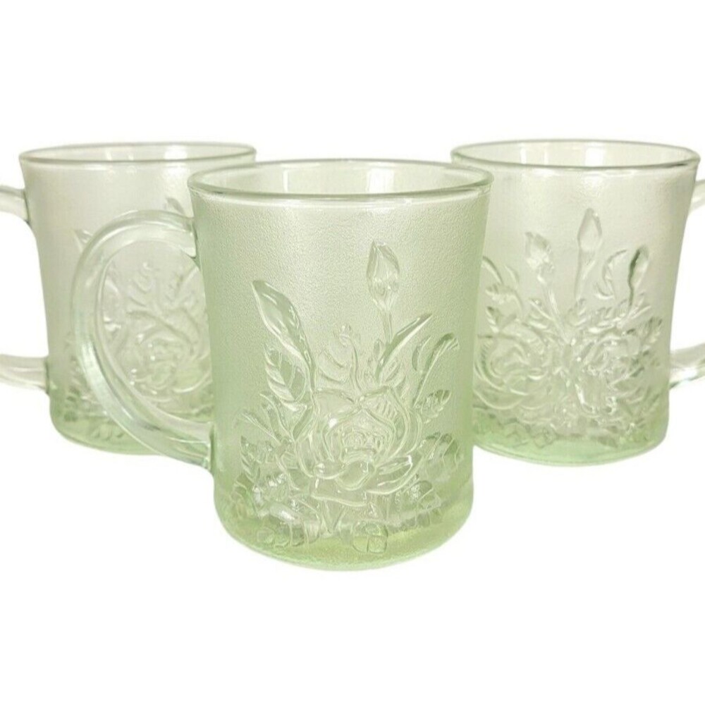 Vintage Livia by Pasari Clear Frosted Rose Hot Cold Coffee Tea Mugs Set of 3